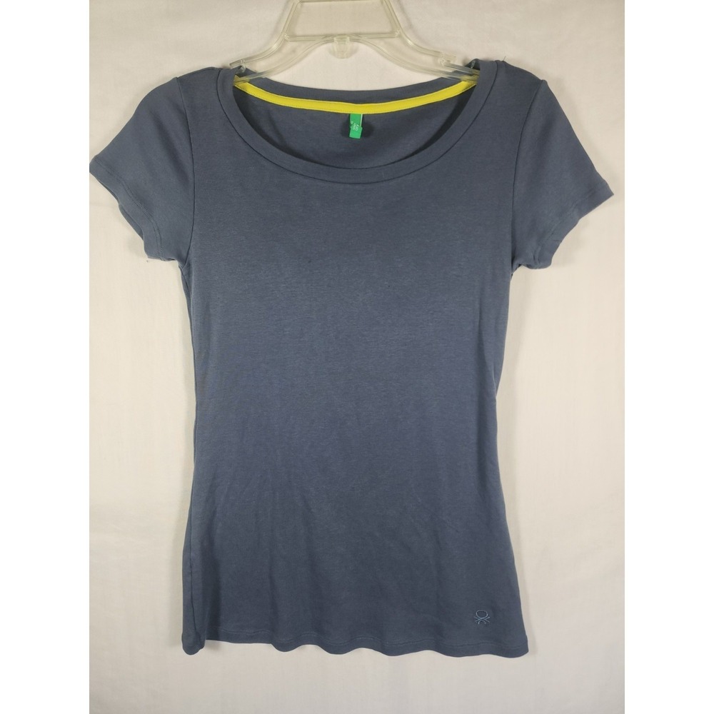 United Colors of Benetton Womens T Shirt Blue Yellow Trim Y2K Minimalist Tee - Picture 2 of 5